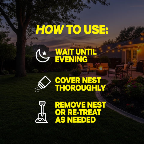 Evening application of Raid nest killer around a home exterior.