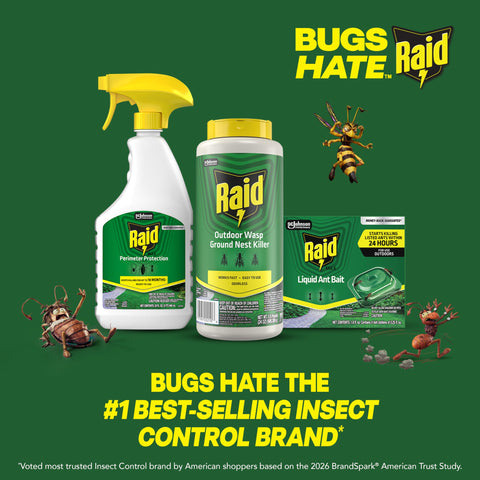 Odorless Raid dust formula ready for outdoor use near plants.