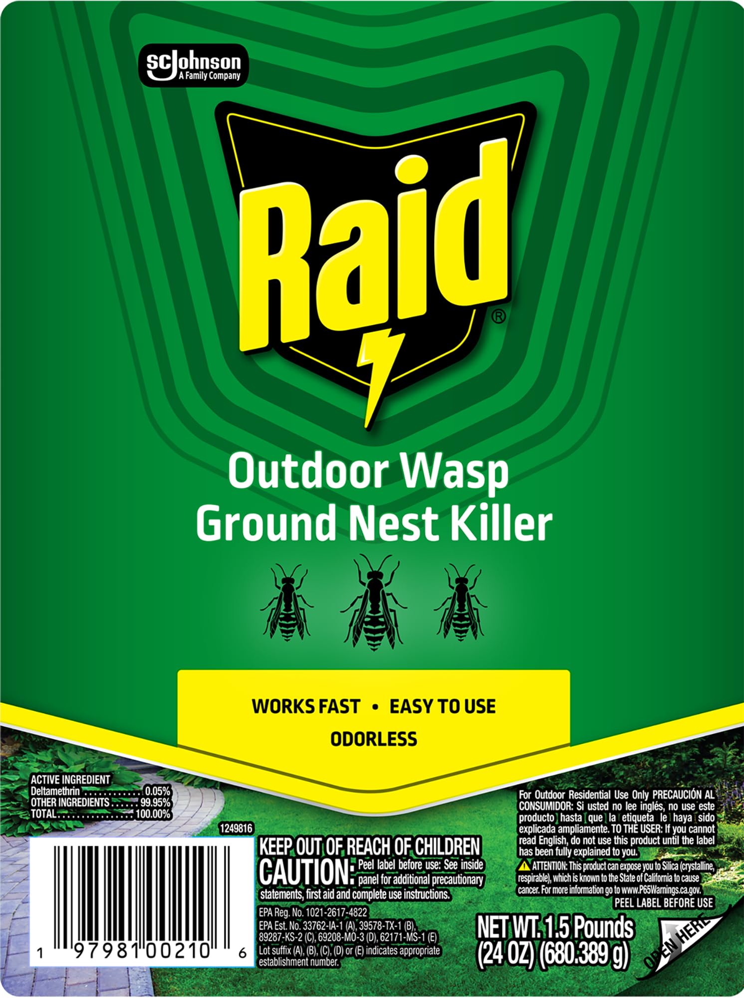Yard and building perimeters protected by Raid Outdoor Ground Wasp Nest Killer.
