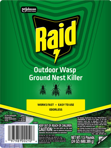 Yard and building perimeters protected by Raid Outdoor Ground Wasp Nest Killer.