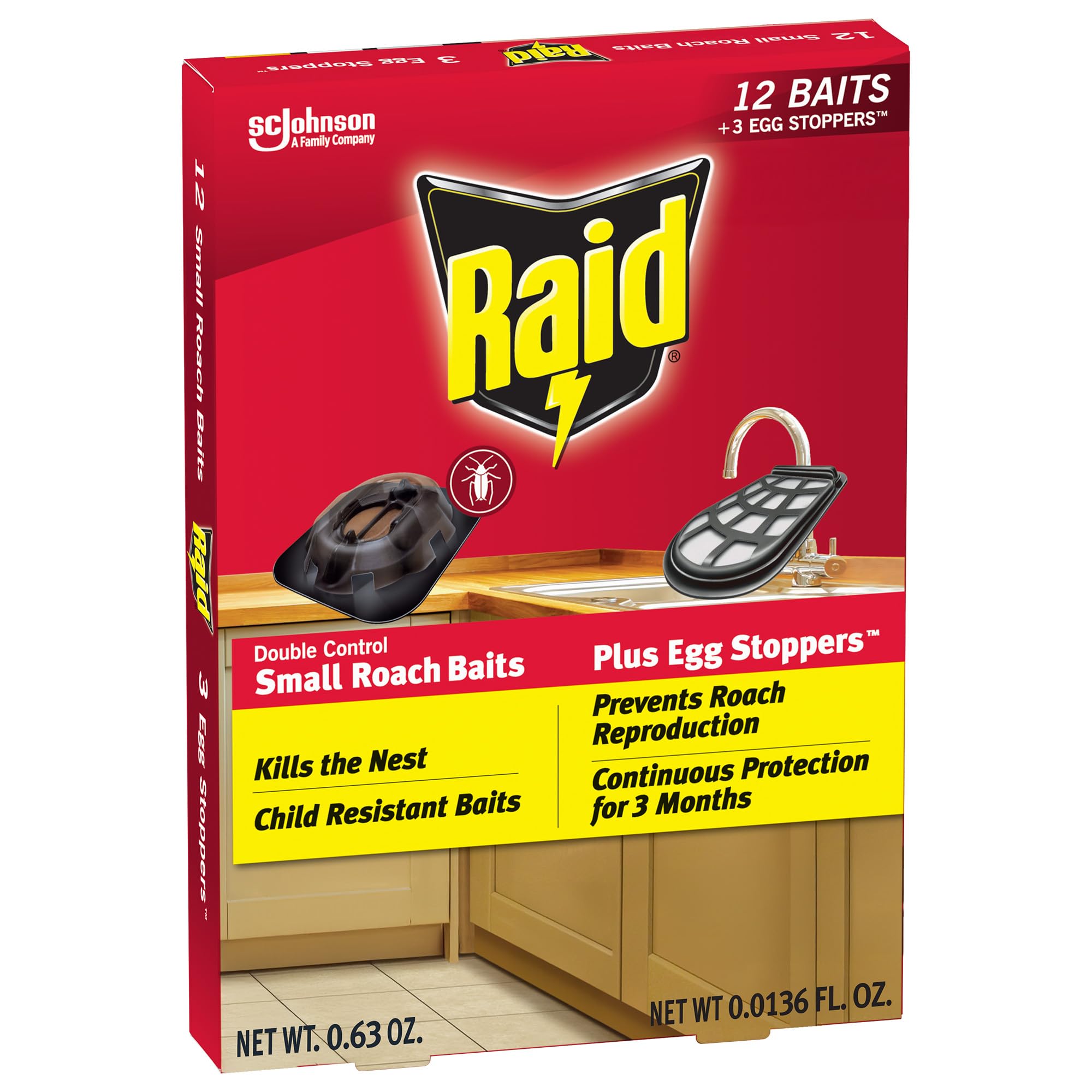 Raid Roach Killer Baits packaging with egg stoppers for indoor control.