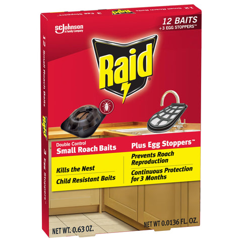 Raid Roach Killer Baits packaging with egg stoppers for indoor control.