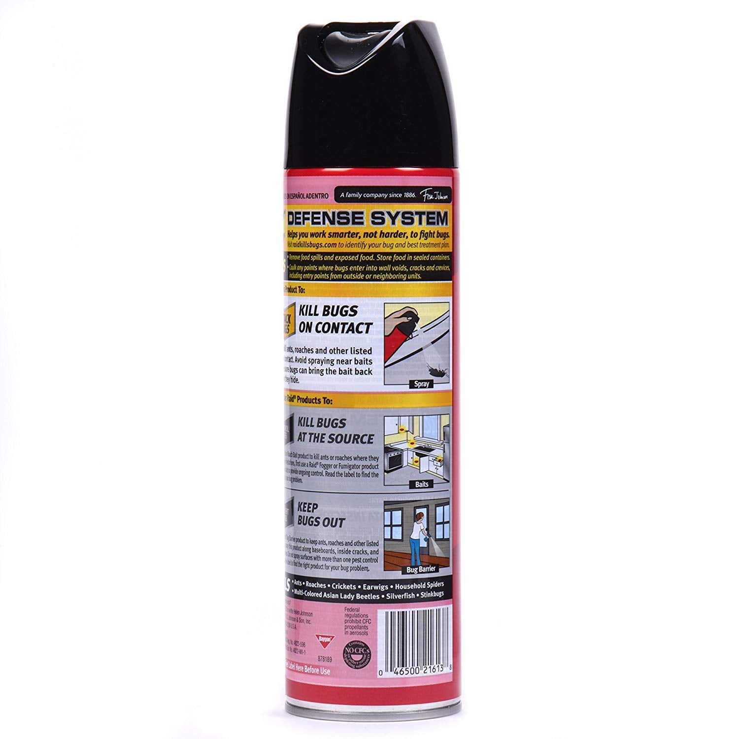 Raid safety label graphic with precautions for household use.