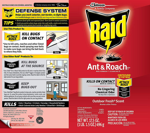 Raid surface spray on kitchen counter demonstrates easy application.