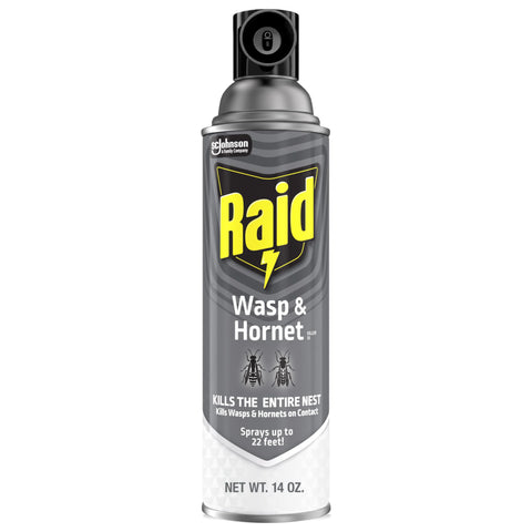 Raid Wasp & Hornet Killer spray 22-foot reach for safe outdoor nest elimination.