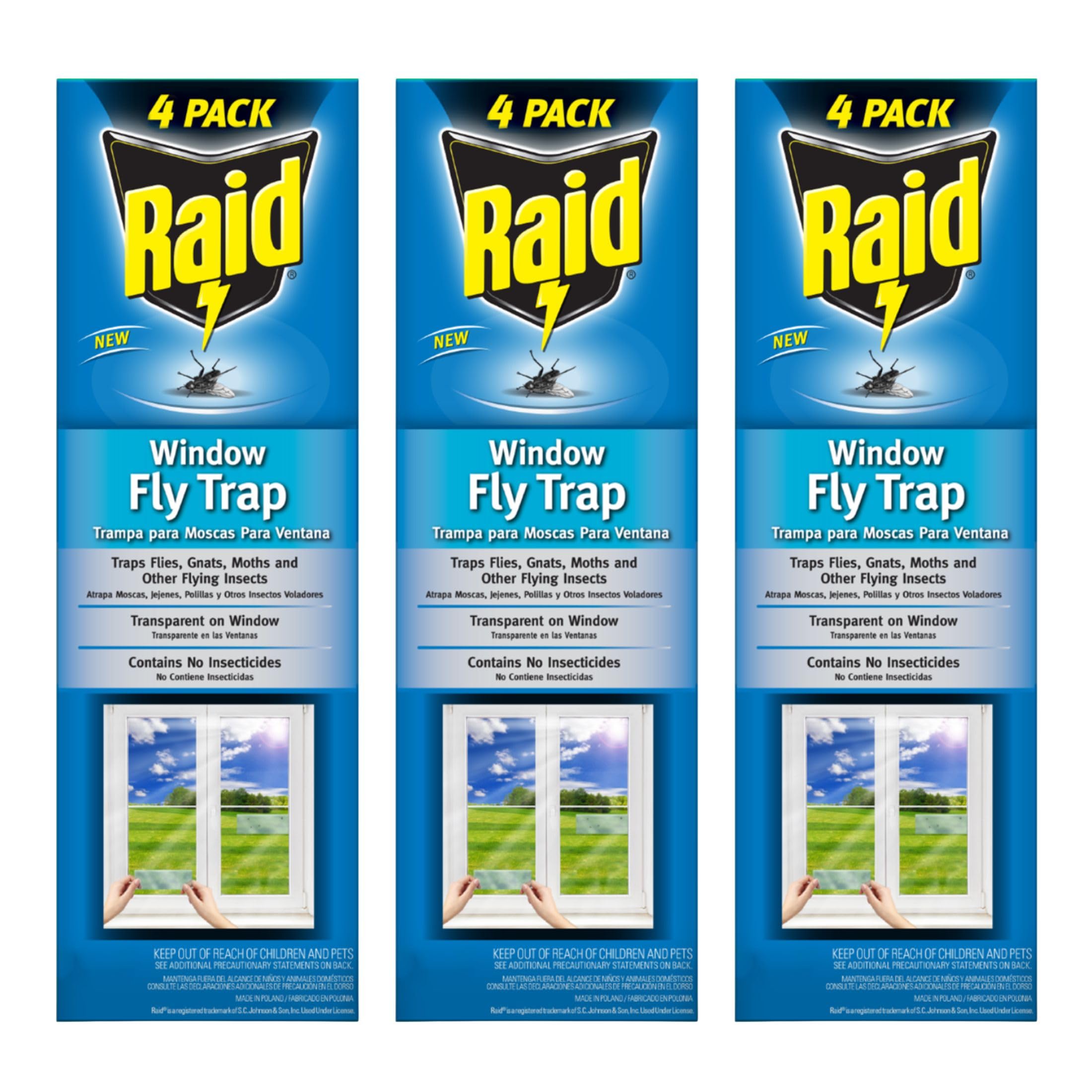 Raid Window Fly Trap packaging visible, ready to set up