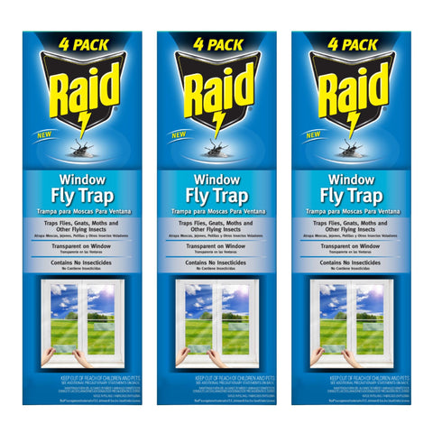 Raid Window Fly Trap packaging visible, ready to set up