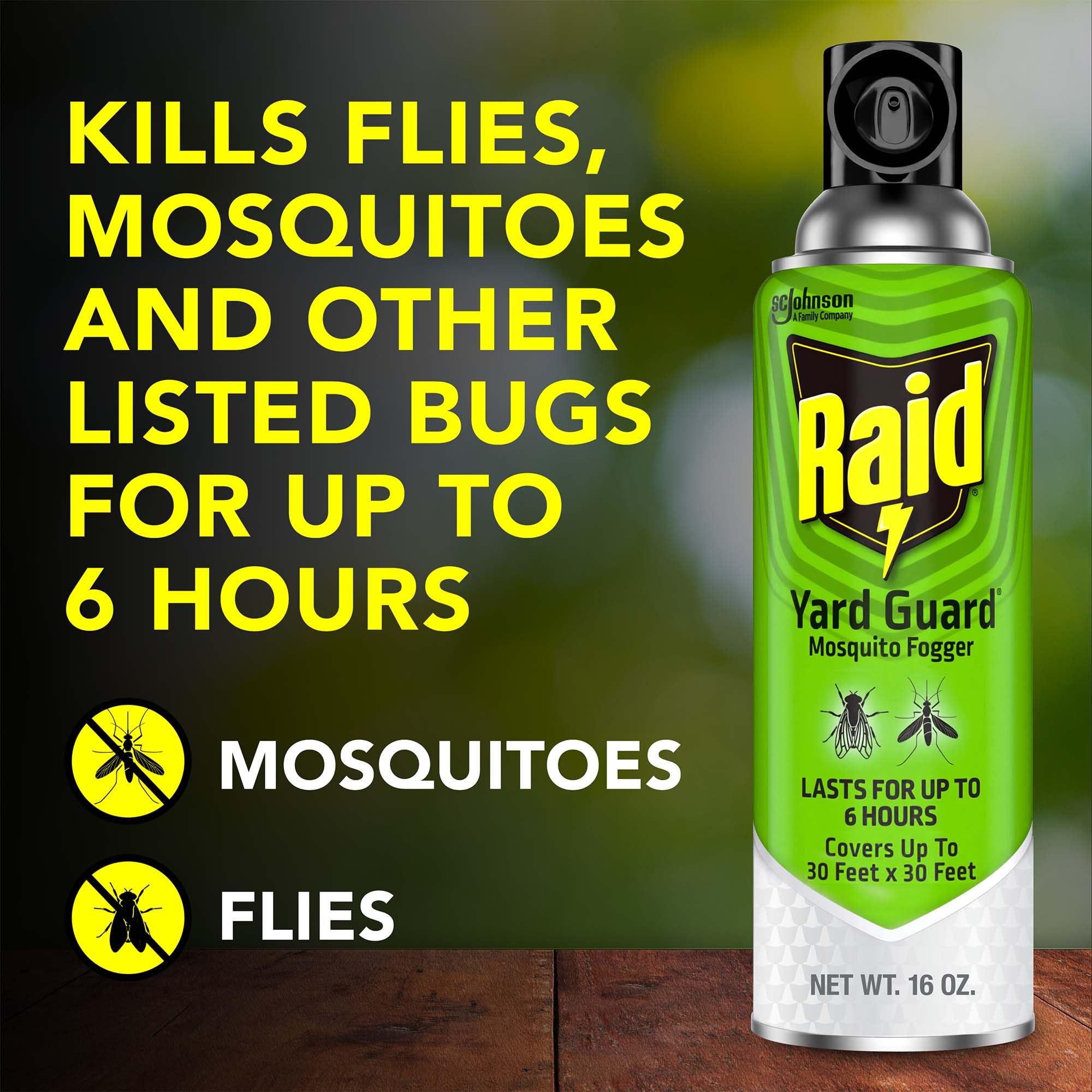 Raid Yard Guard fogger can shown in compact 16 oz bottle