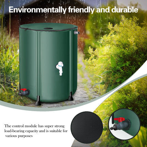Garden irrigation use with rain barrel ready to water plants