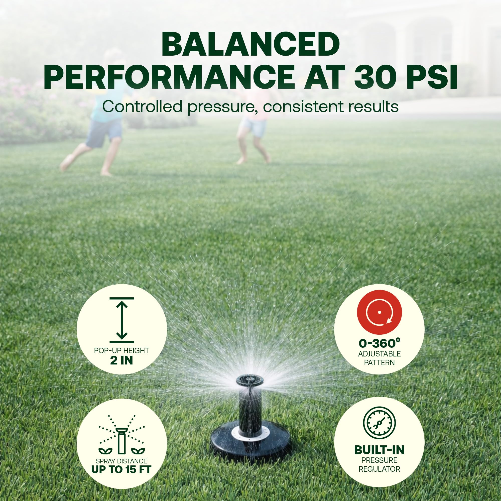 Rain Bird 1802FDSPRS 2-inch pop-up height with smooth retraction.