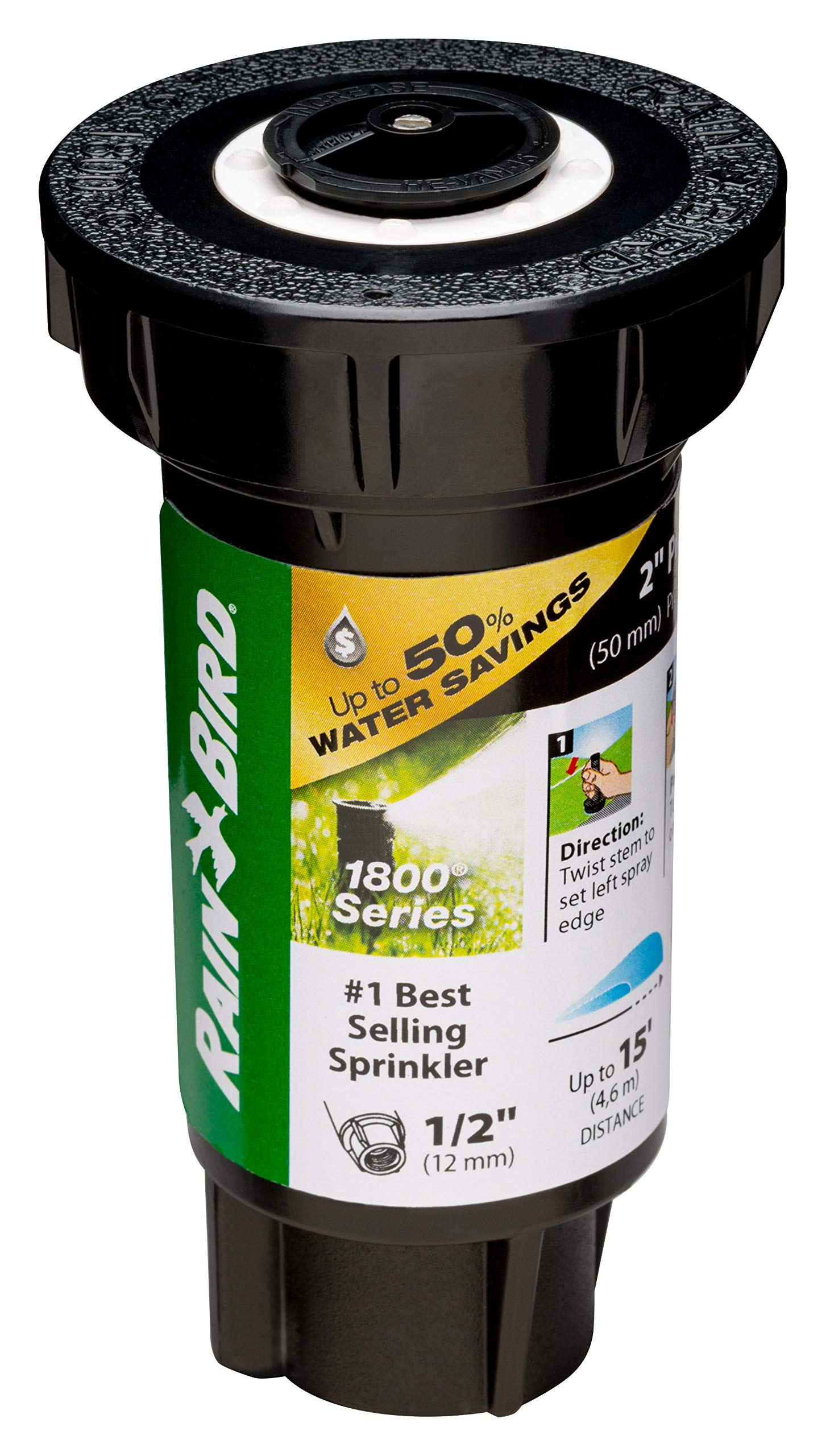 Rain Bird 1802HV15PR 2-inch pop-up height promotes hidden spray with minimal surface overspray.