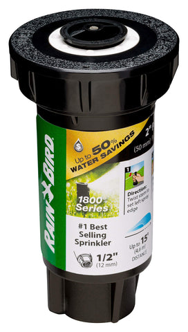 Rain Bird 1802HV15PR 2-inch pop-up height promotes hidden spray with minimal surface overspray.