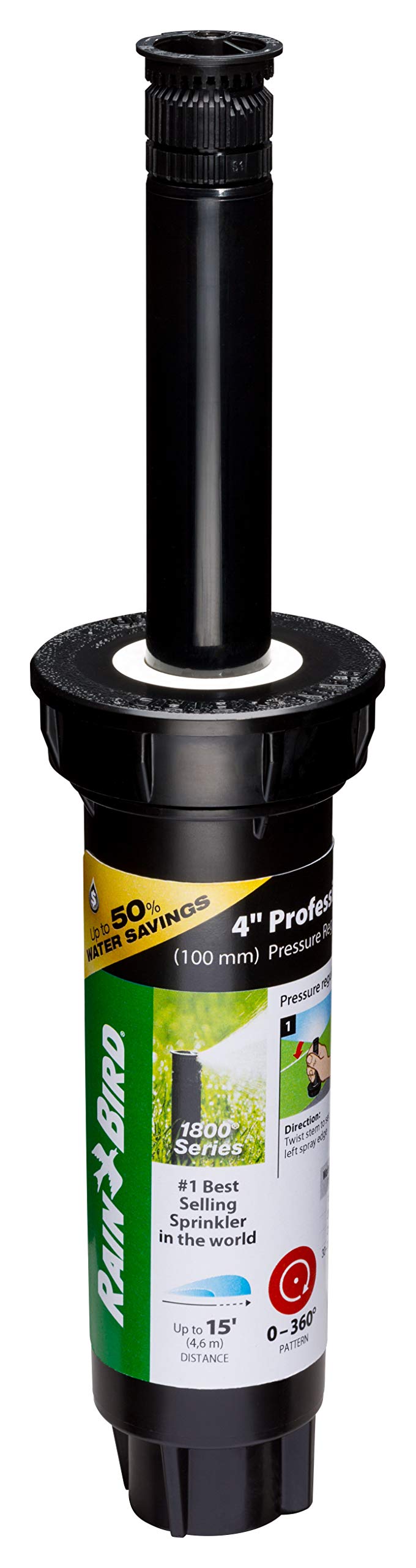 Rain Bird 1804HV15PR sprinkler head close-up showing precise spray distribution for lawns