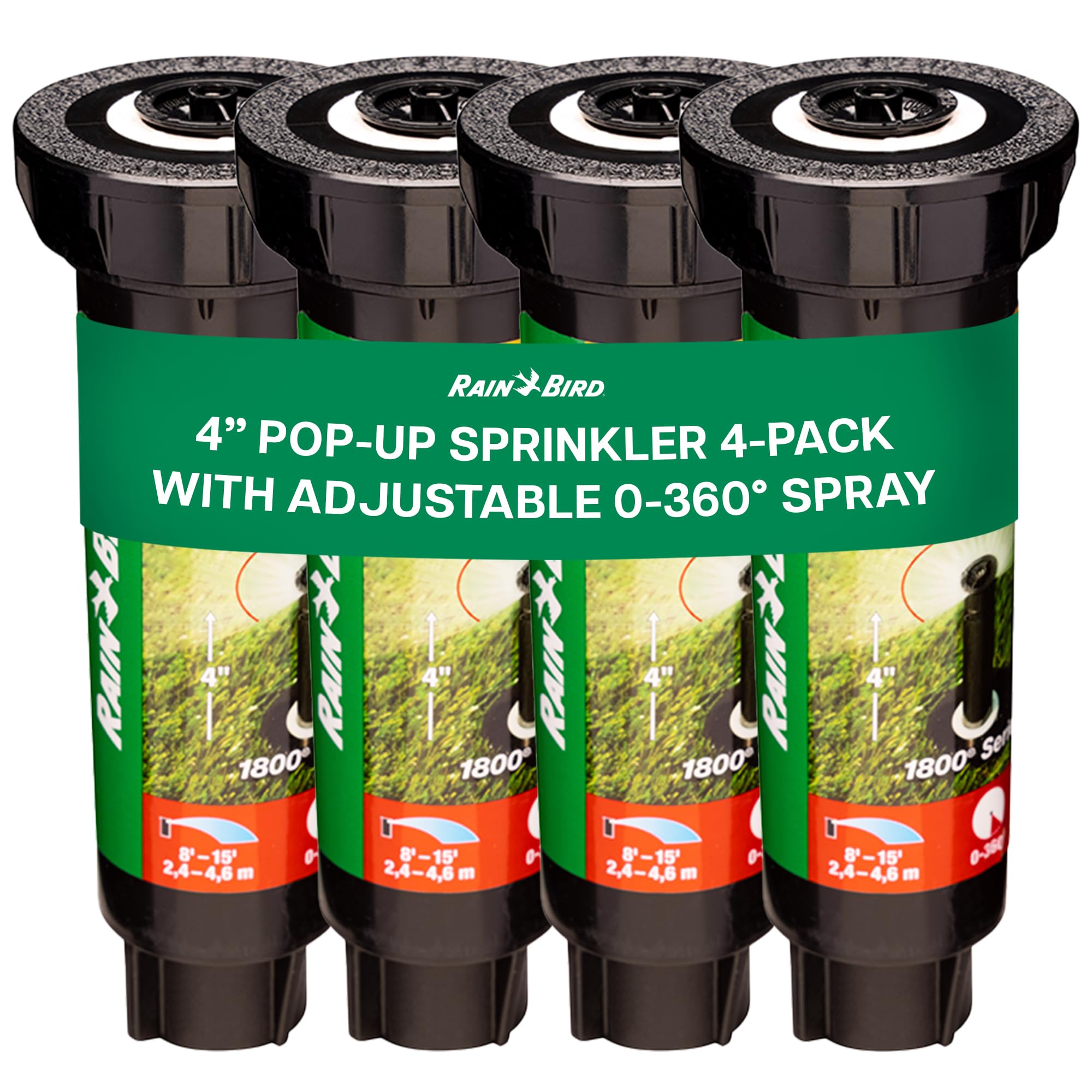 Rain Bird 1804VAN pop-up sprinkler head visible with adjustable arc for precise lawn coverage