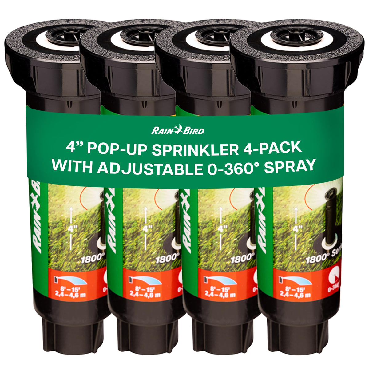 Rain Bird 1804VAN pop-up sprinkler head visible with adjustable arc for precise lawn coverage
