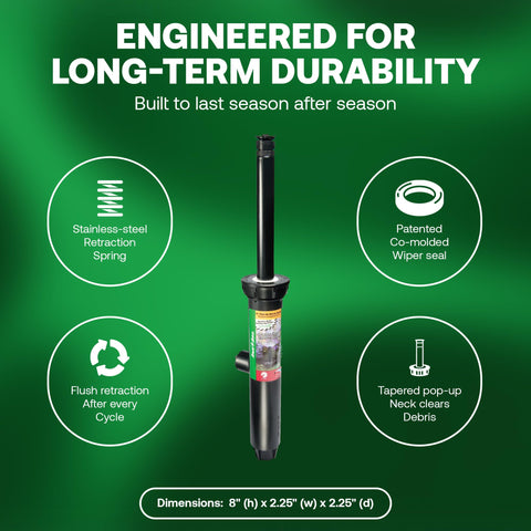 8 to 15-foot spray radius helps tailor irrigation to yard size.