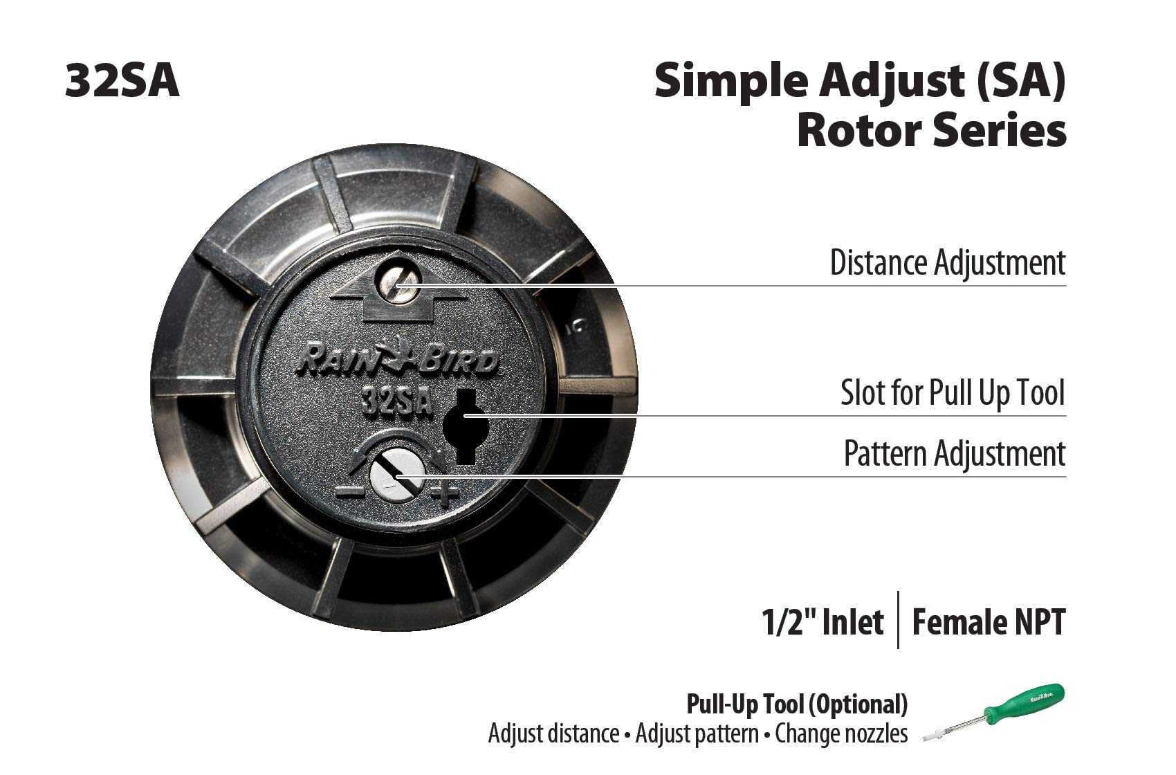 1/2-inch NPT inlet on Rain Bird 32SA supports standard residential connections.