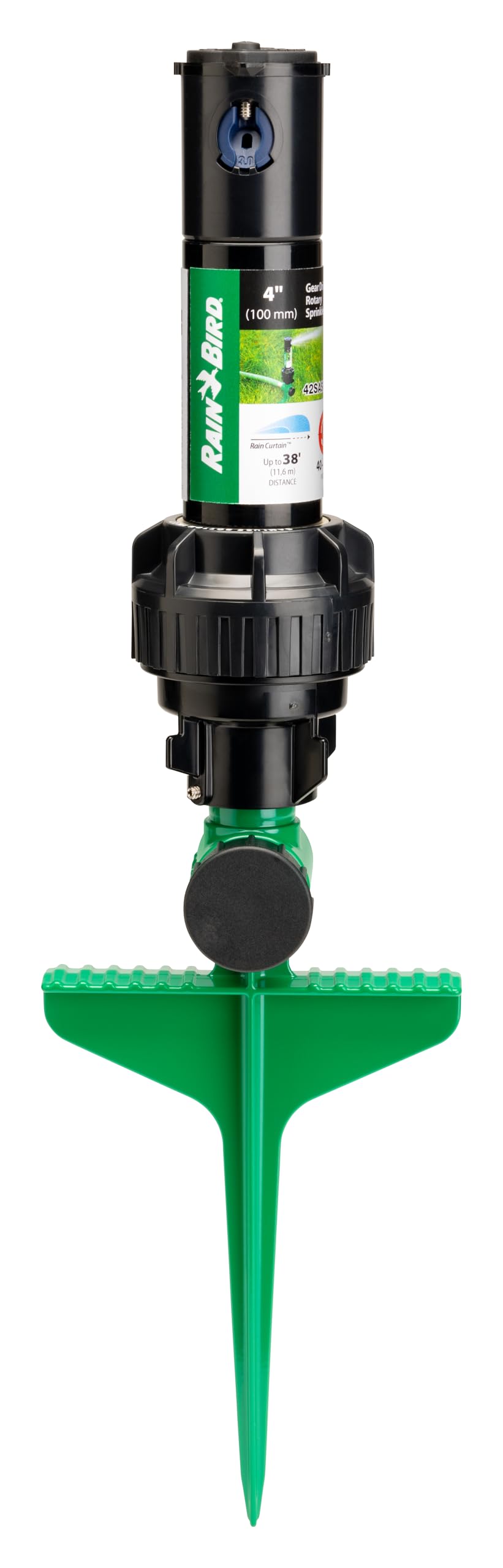 Rain Bird 42SASPG gear-drive rotor on green spike delivers even lawn watering