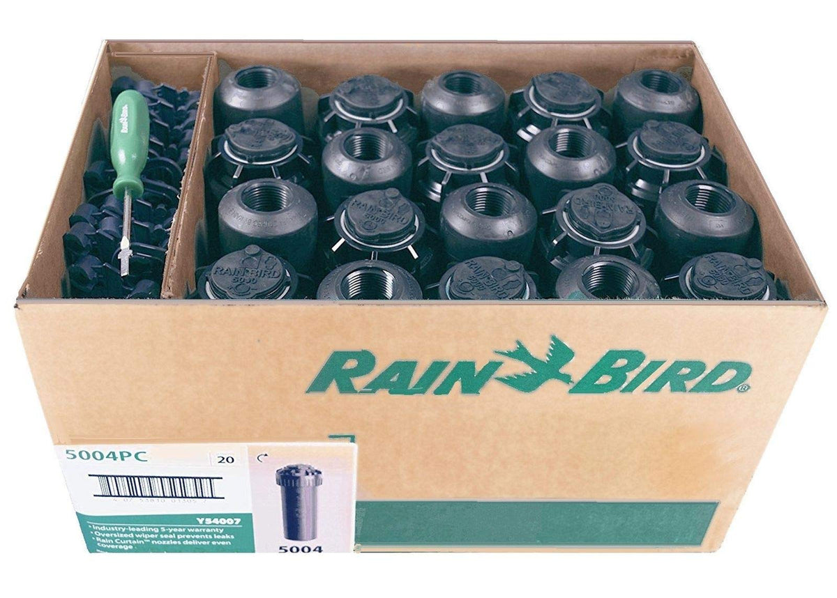 Rain Bird 5004 PC rotor head with adjustable 40-360 coverage for precise lawn watering.