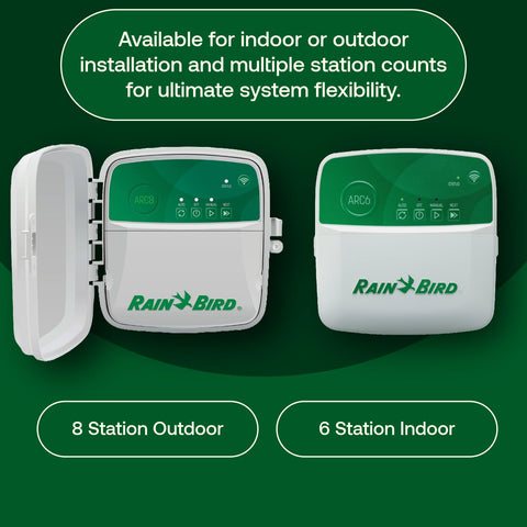 Rain Bird ARC6 display and controls illustrate quick manual watering option.