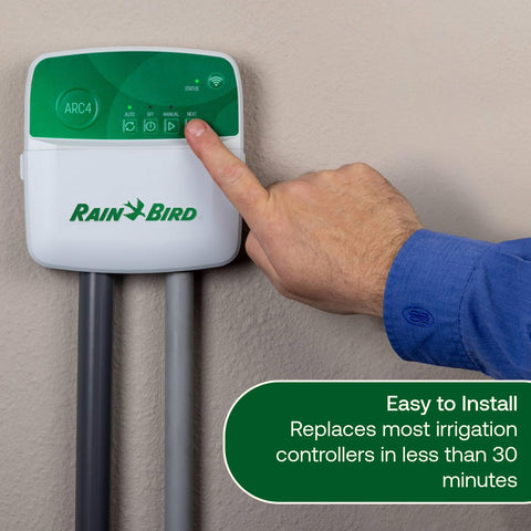 Rain Bird ARC6 master valve/pump start ports illustrate versatile indoor setup.