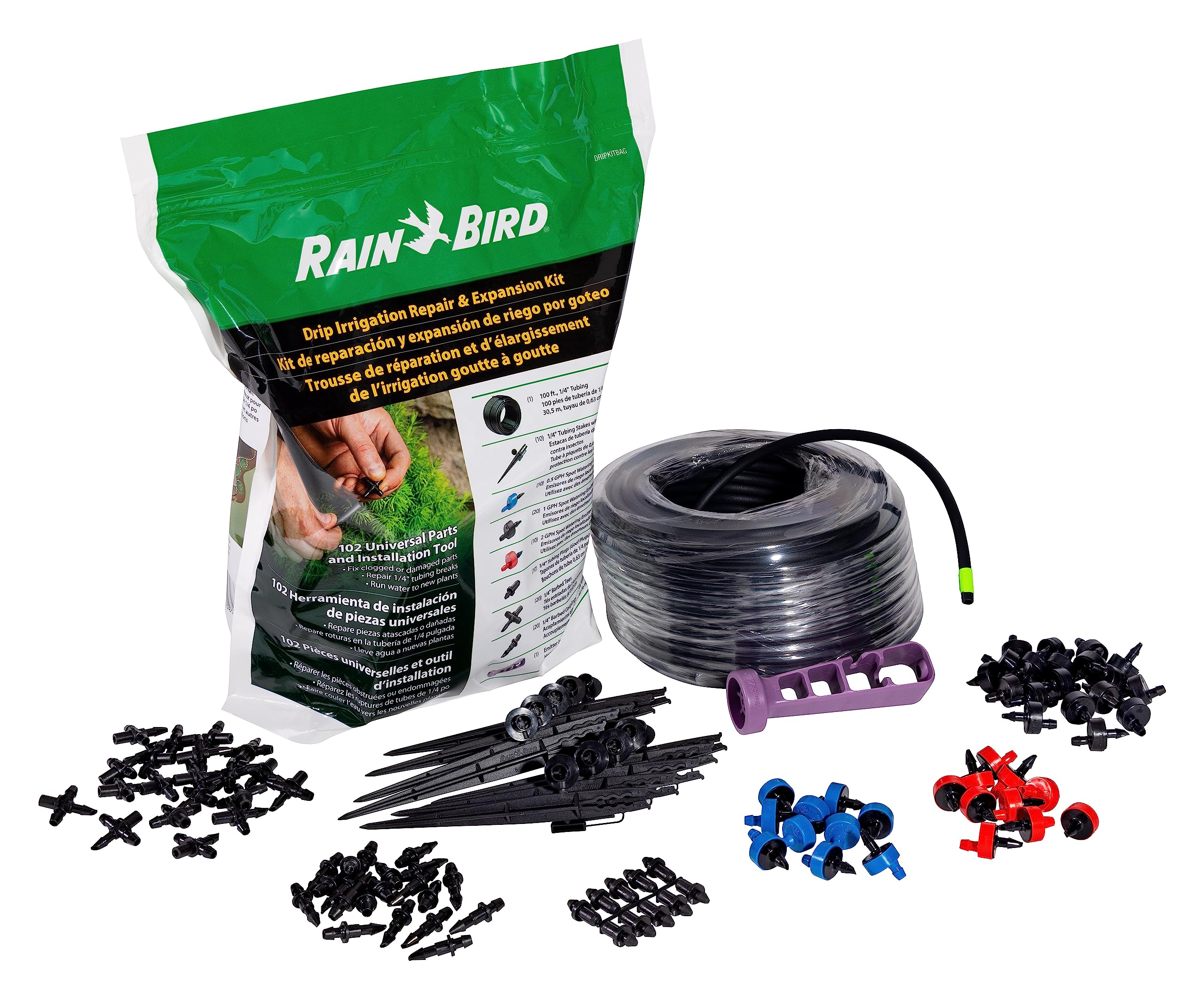 Rain Bird DripKitBag packaging shows a portable irrigation repair kit for quick on-site fixes.