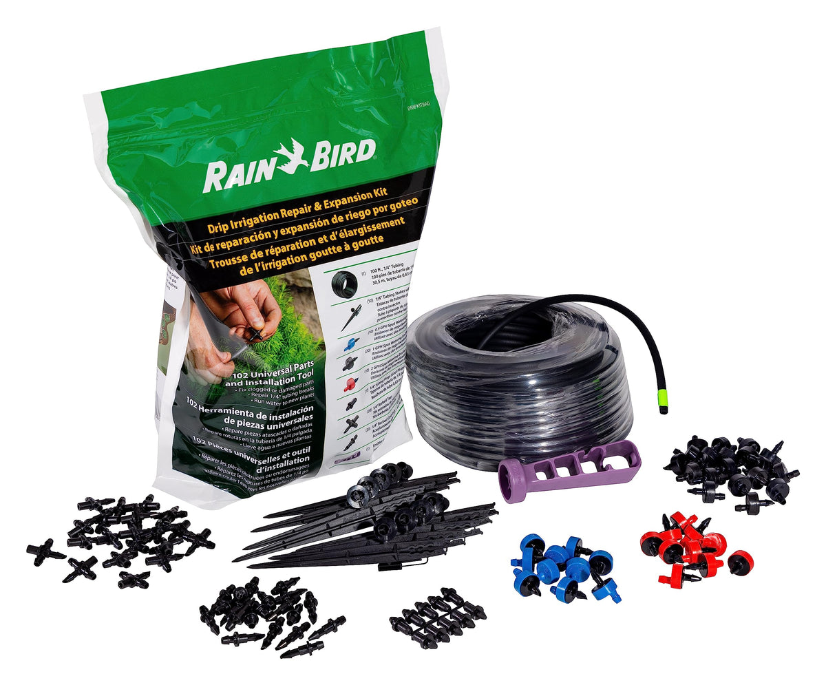 Rain Bird DripKitBag packaging shows a portable irrigation repair kit for quick on-site fixes.