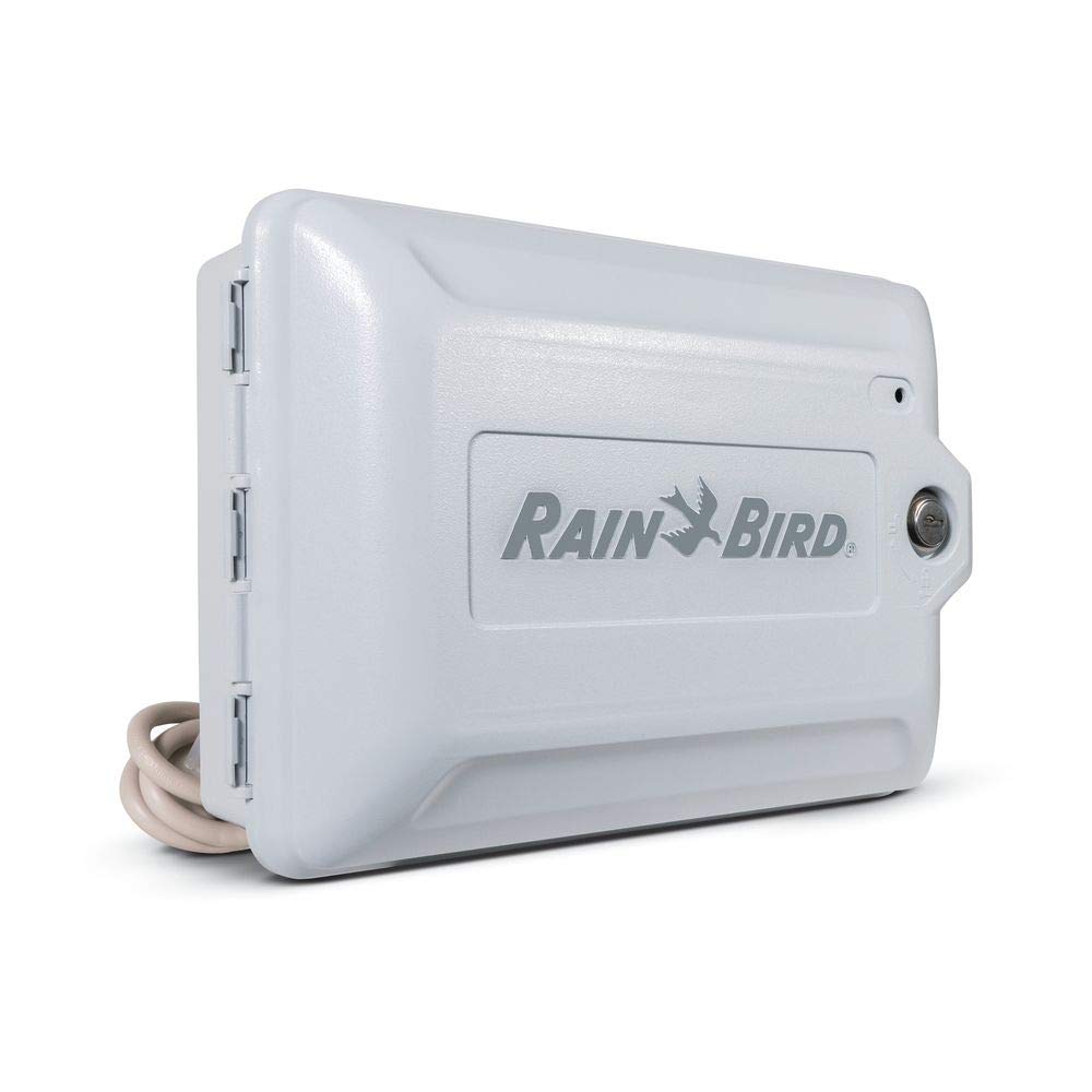 Rain Bird ESP-ME3 outdoor installation showing plug-in power cord.