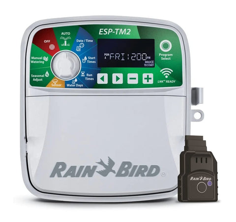 Rain Bird ESP-TM2 controller front panel with back-lit display for easy scheduling.