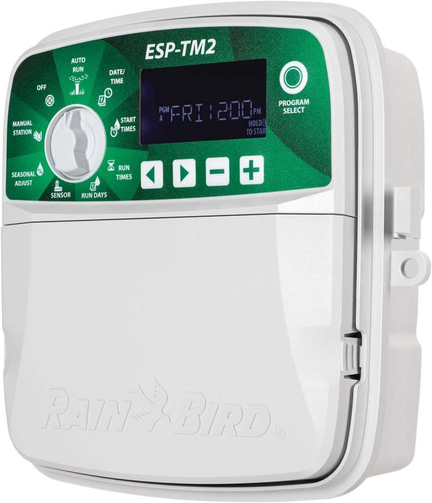Rain Bird ESP-TM2 controller mounted outdoors for easy irrigation scheduling.