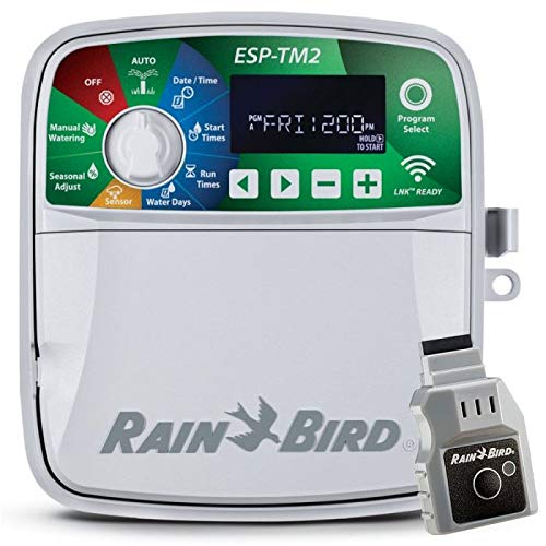 Rain Bird ESP-TM2 controller with LNK WiFi module enables remote irrigation management and smart scheduling.