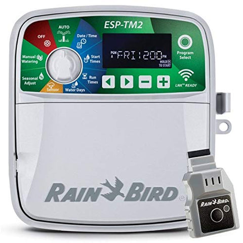 Rain Bird ESP-TM2 controller with LNK WiFi module enables remote irrigation management and smart scheduling.