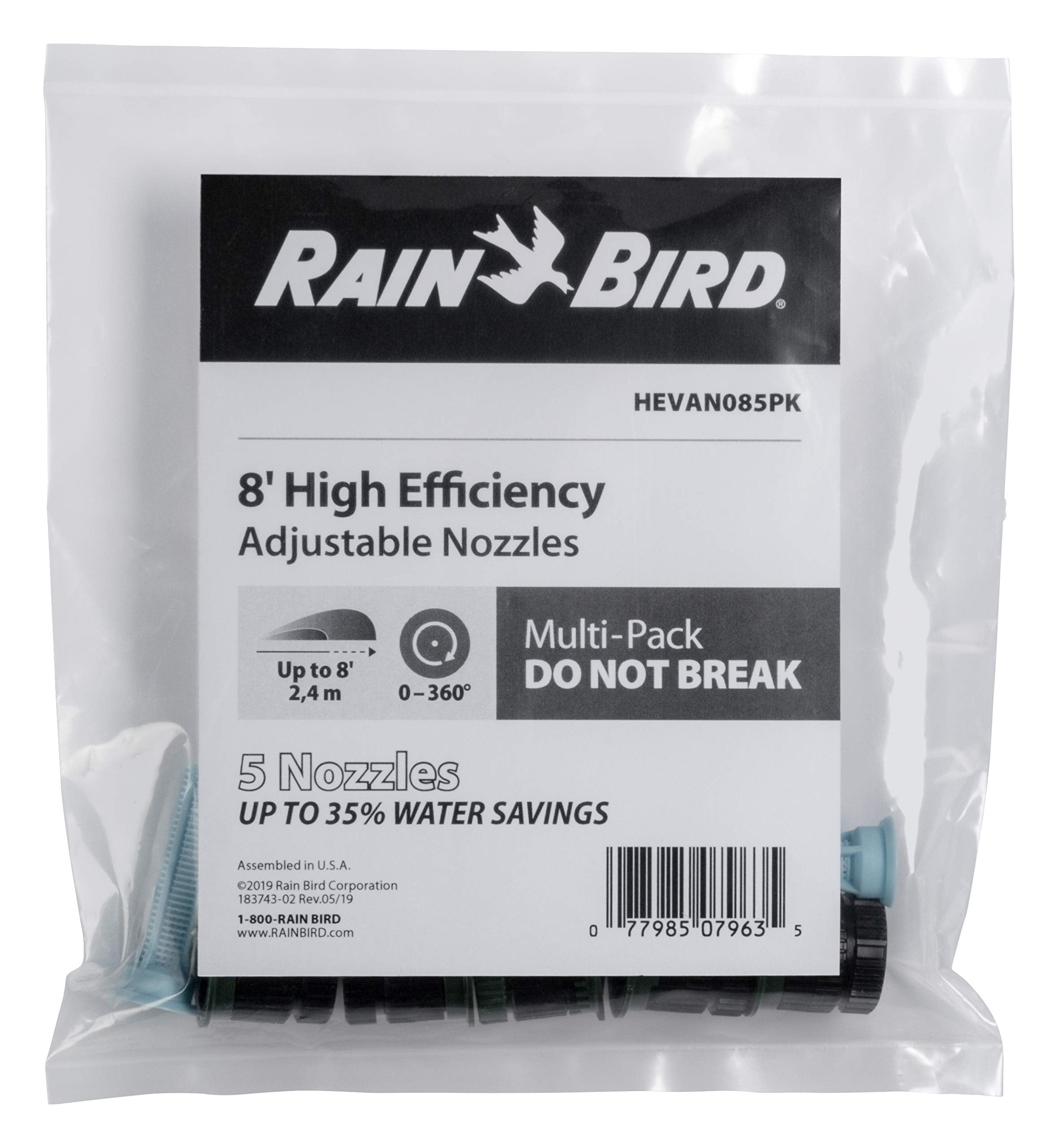 Rain Bird HEVAN085PK 5'-8' spray range covers small lawns and garden beds.