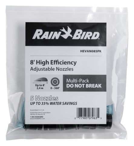 Rain Bird HEVAN085PK 5'-8' spray range covers small lawns and garden beds.
