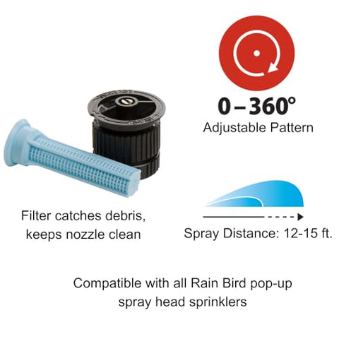 Rain Bird HEVAN155PK nozzle displays 12-15 ft spray distance for mid-size lawns