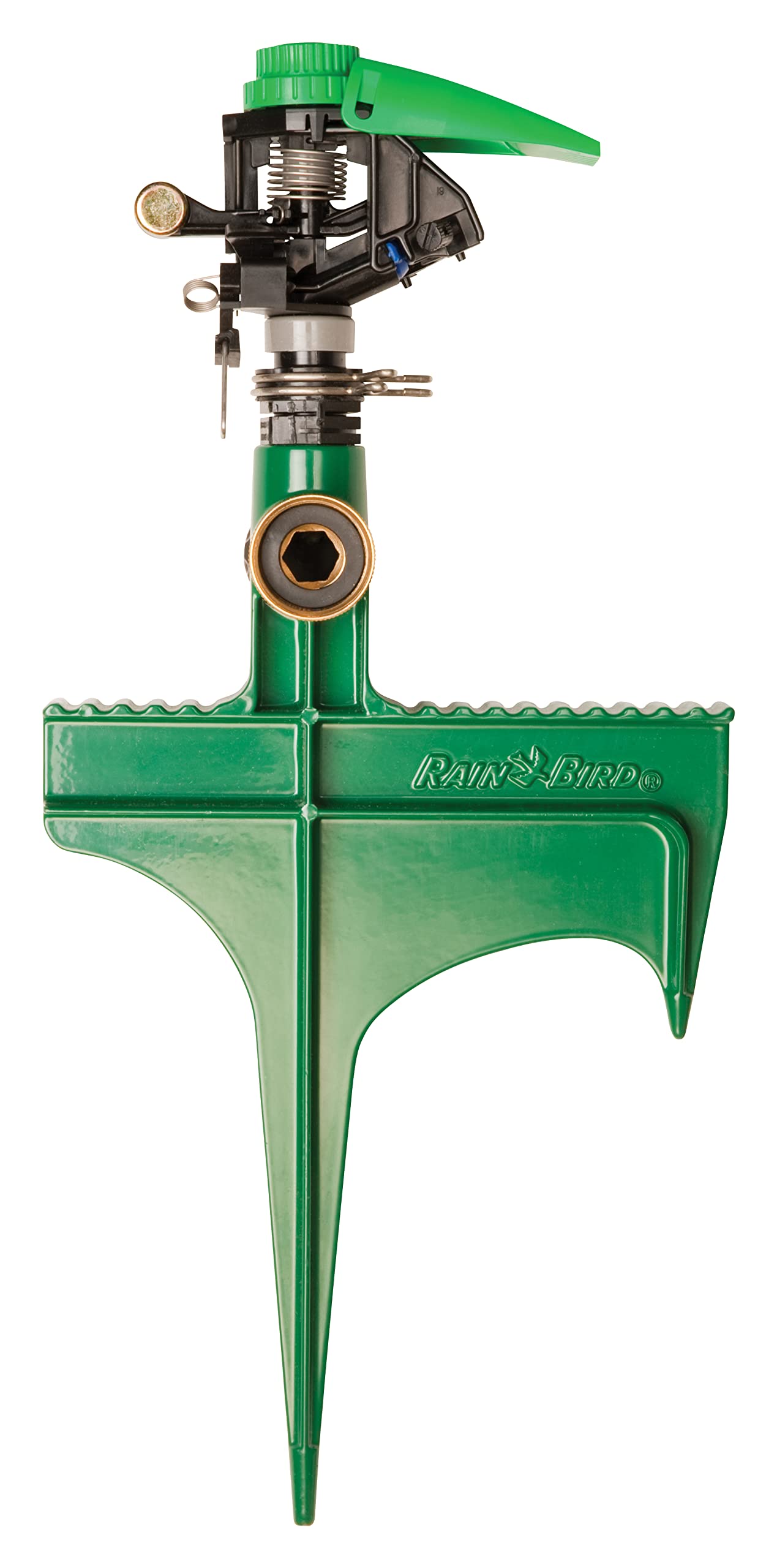 Rain Bird P5RLSP sprinkler on a sturdy metal spike for portable yard irrigation.