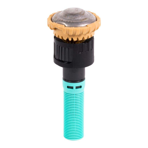 Rain Bird R-VAN 18 rotary nozzle close-up showing adjustable spray for efficient lawn irrigation.