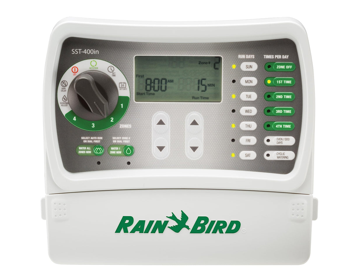 Rain Bird SST400IN front view timer for easy indoor irrigation control.