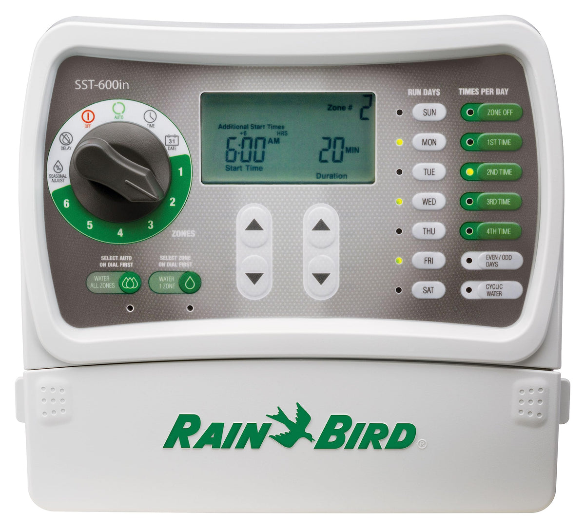 Rain Bird SST600IN front dial view for quick zone setup and scheduling
