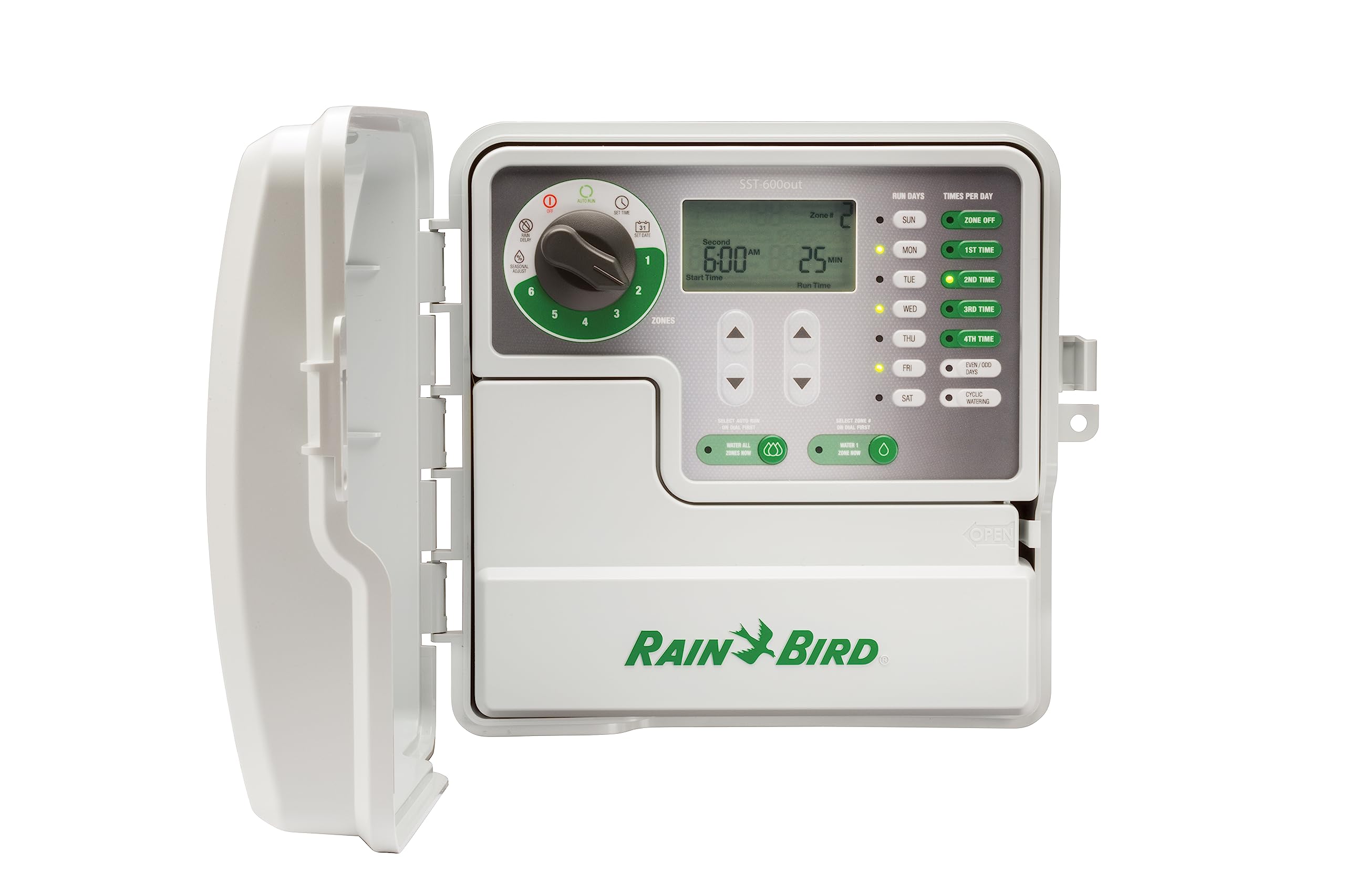 Rain Bird SST600OUT timer front view for quick zone setup and simple watering control