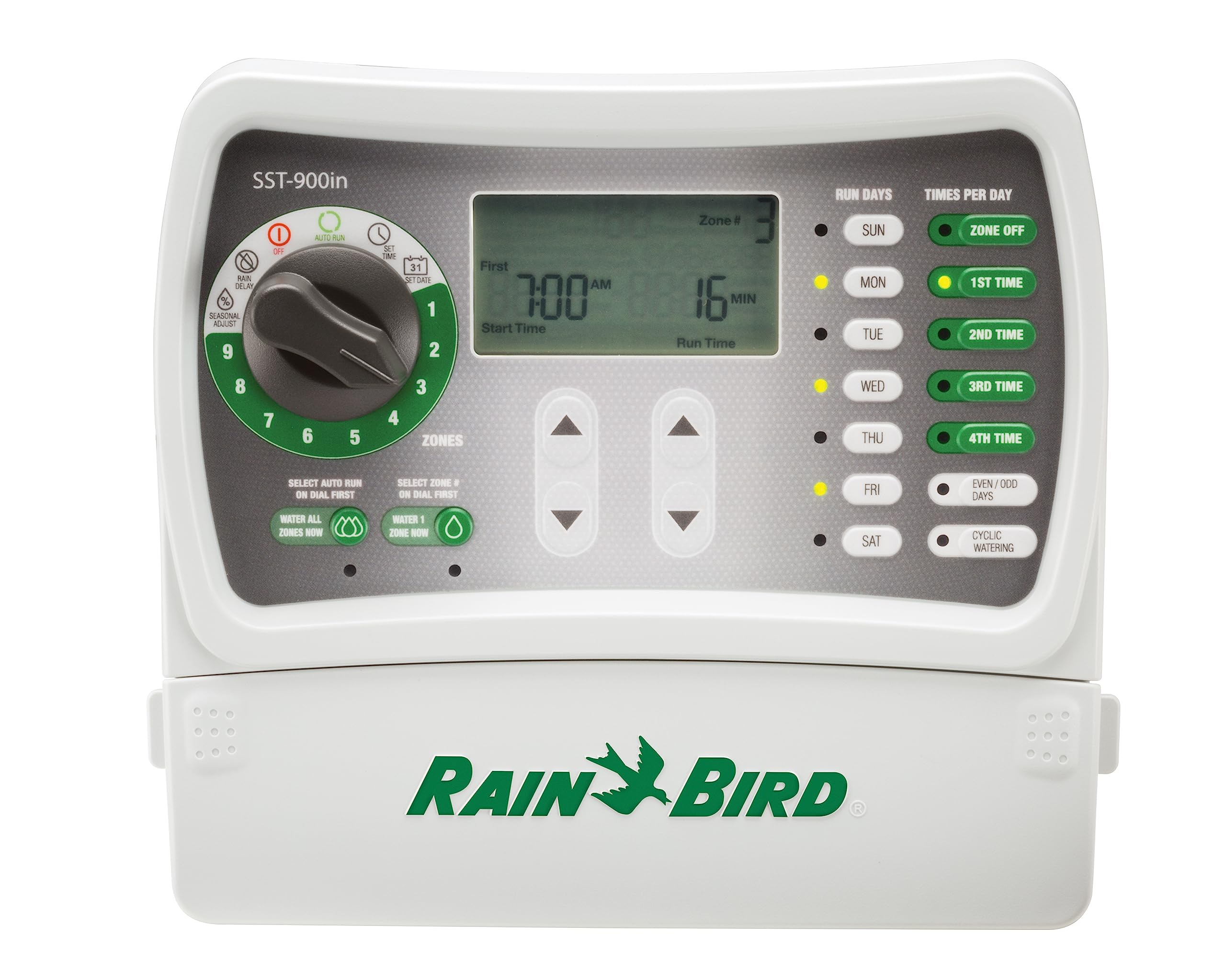 Rain Bird SST900IN front view showing dial and LCD for easy programming