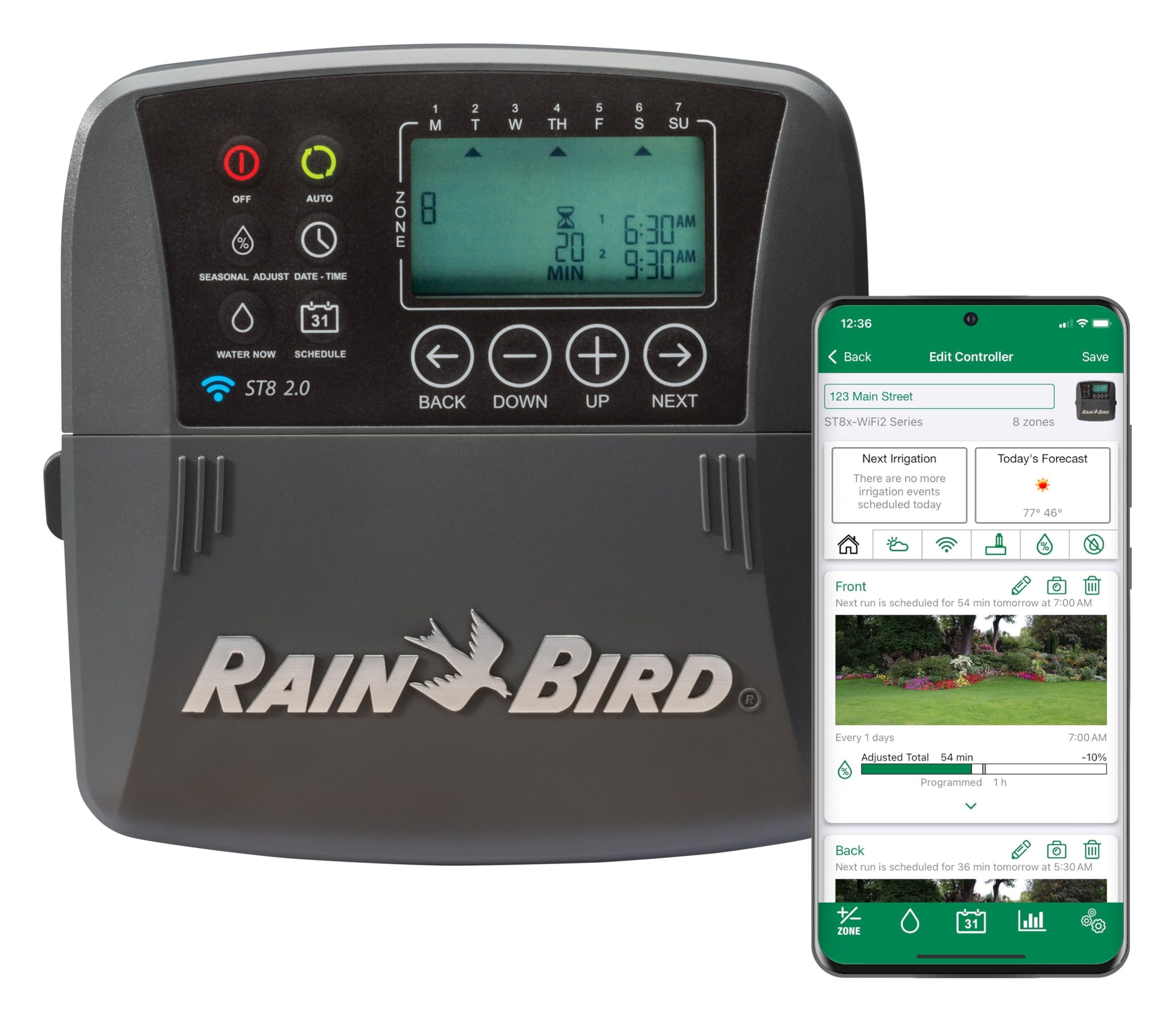 Rain Bird ST8I-2.0 timer display panel enables easy scheduling.