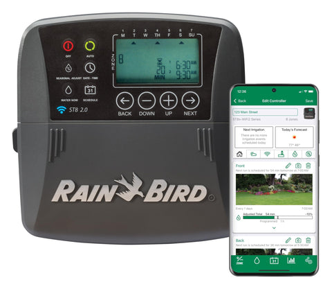 Rain Bird ST8I-2.0 timer display panel enables easy scheduling.