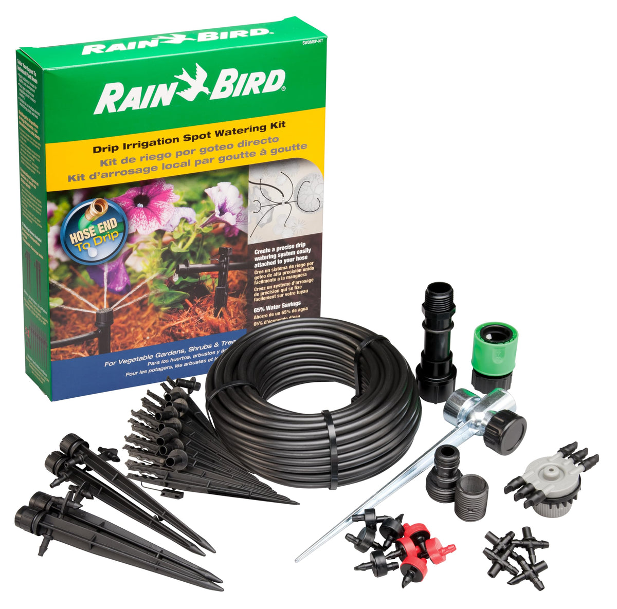 Rain Bird SWDMSPKIT drip spike kit waters 15–25 plants efficiently at the root zone.