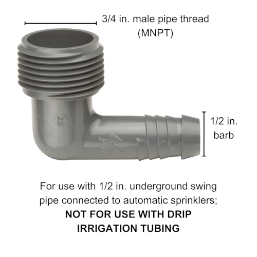 Rain Bird SWGE075B elbow demonstrates 3/4 in MNPT to 1/2 in barb compatibility for flexible routing.