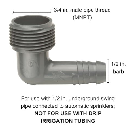 Rain Bird SWGE075B elbow demonstrates 3/4 in MNPT to 1/2 in barb compatibility for flexible routing.