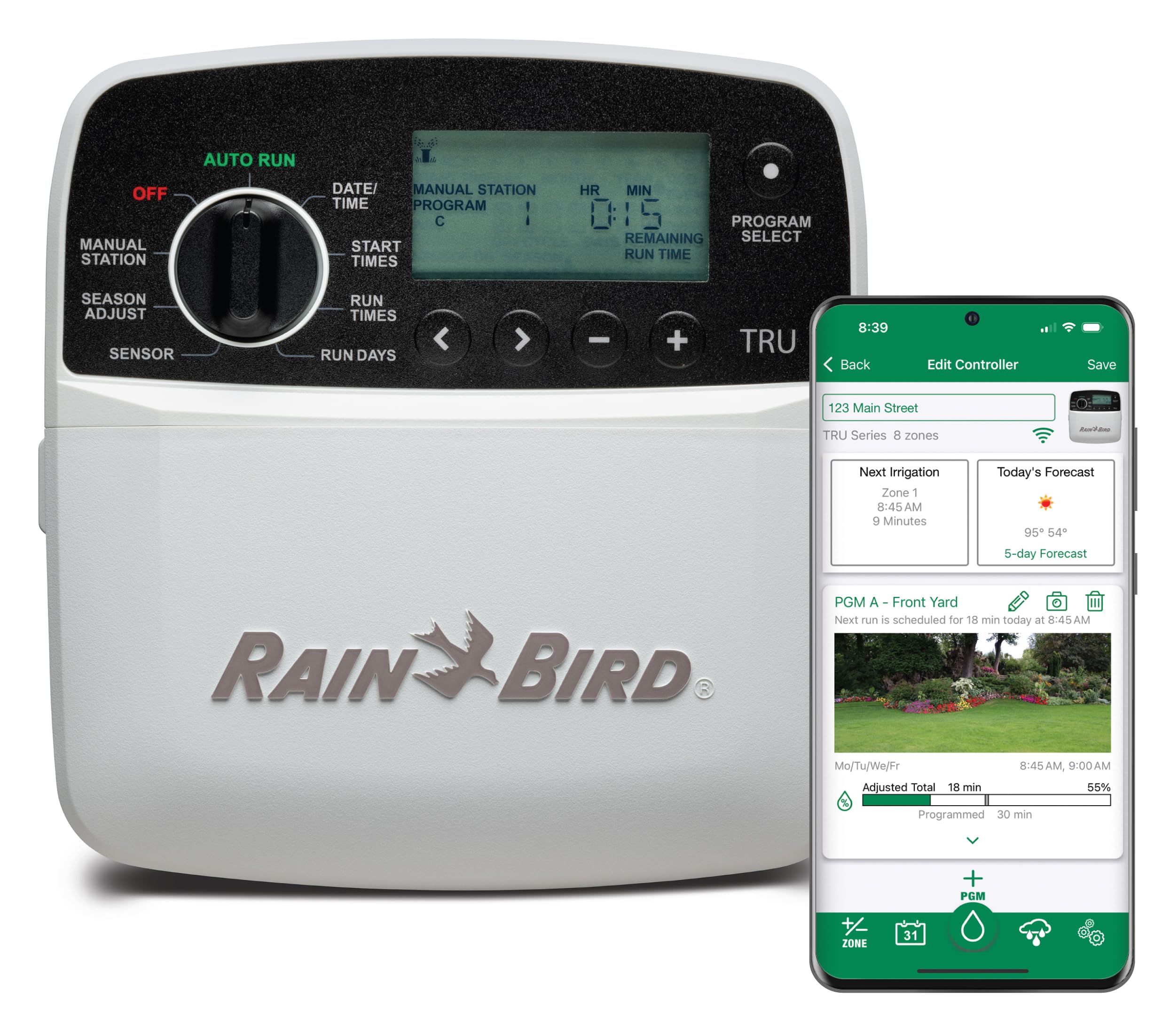 Rain Bird TRU8IW timer with WiFi bundle for remote irrigation control.