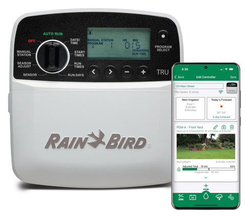 Rain Bird TRU8IW timer with WiFi bundle for remote irrigation control.