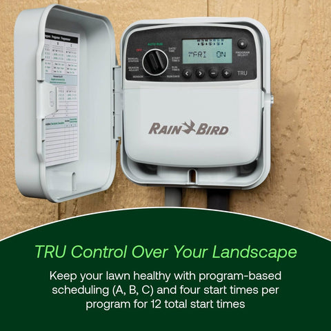 Rain Bird TRU8O eight zones manage diverse yard sections.