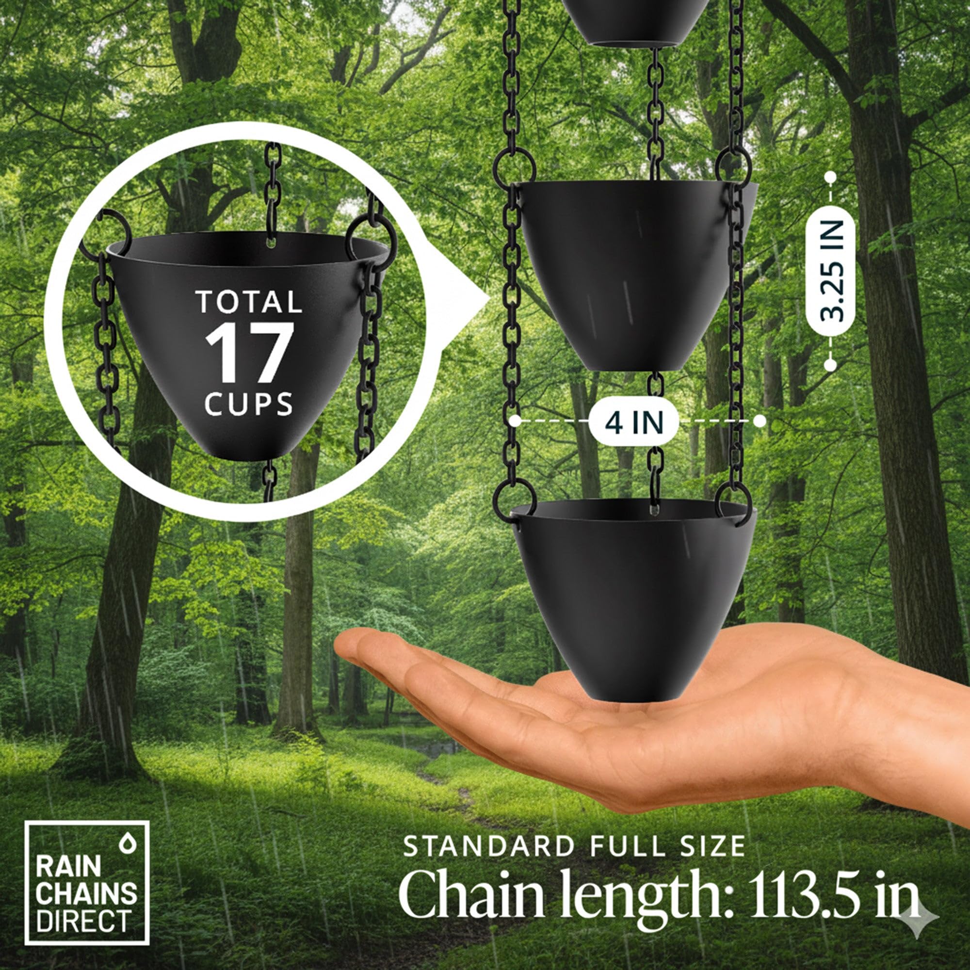 Rain Chains Direct 1135-inch chain-length depicts long, elegant rain management for higher drops.